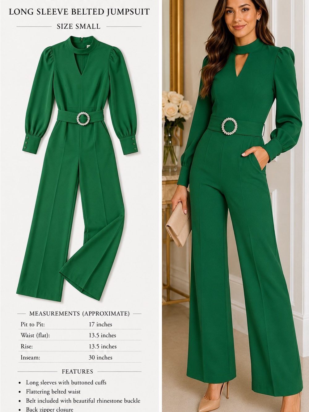 Tea n Cup Emerald Green Long Sleeve Belted Jumpsuit